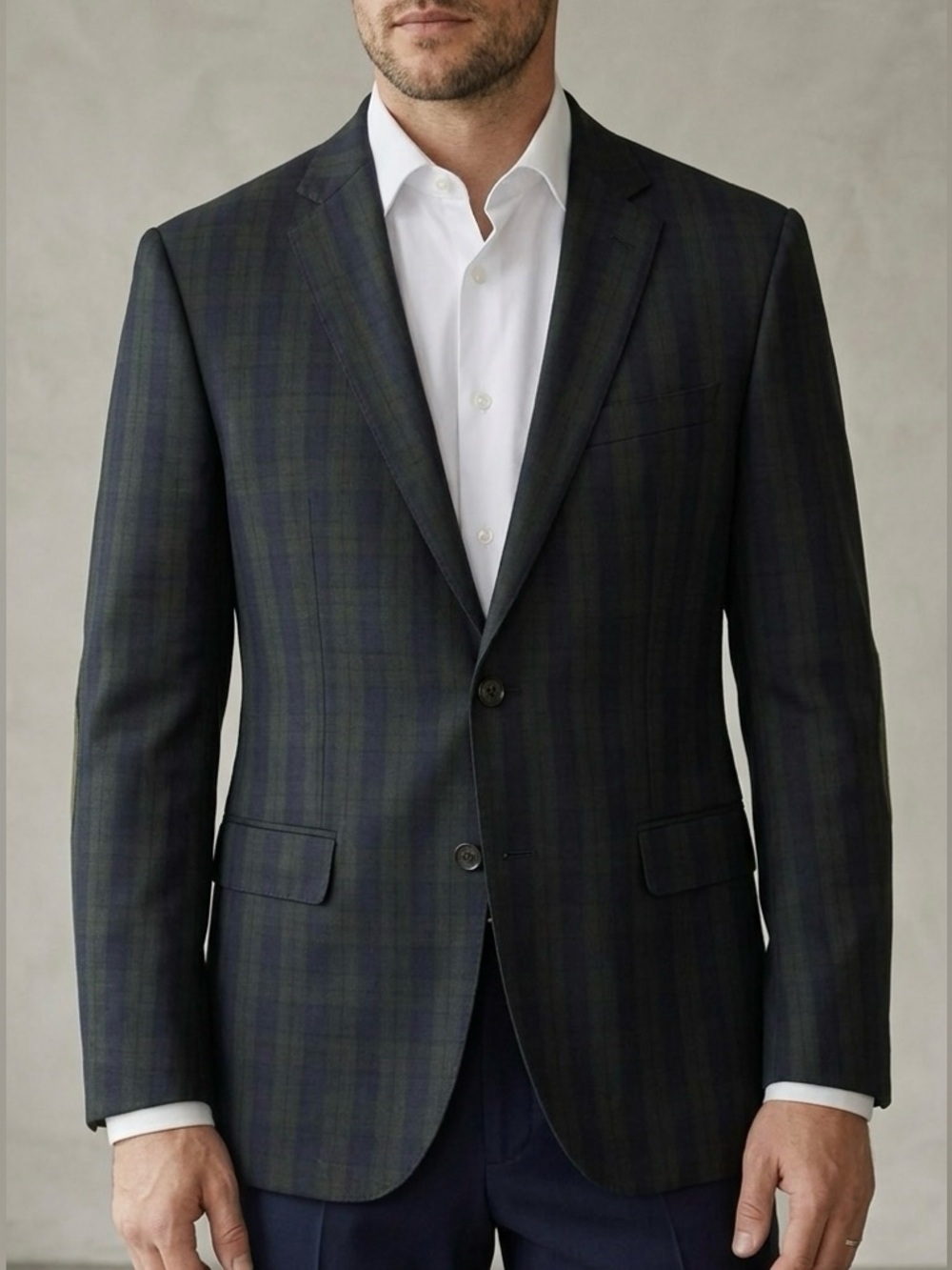 Hugo Boss Lightweight Wool Blazer Jacket Size 44R Navy Blue Green Plaid